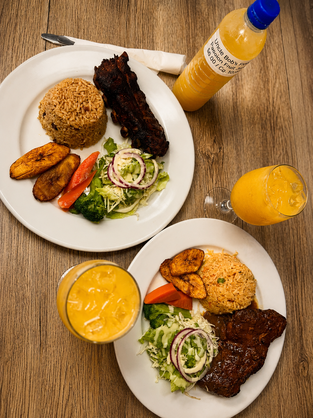 Caribbean plates with Uncle Bob's fresh passion fruit juice